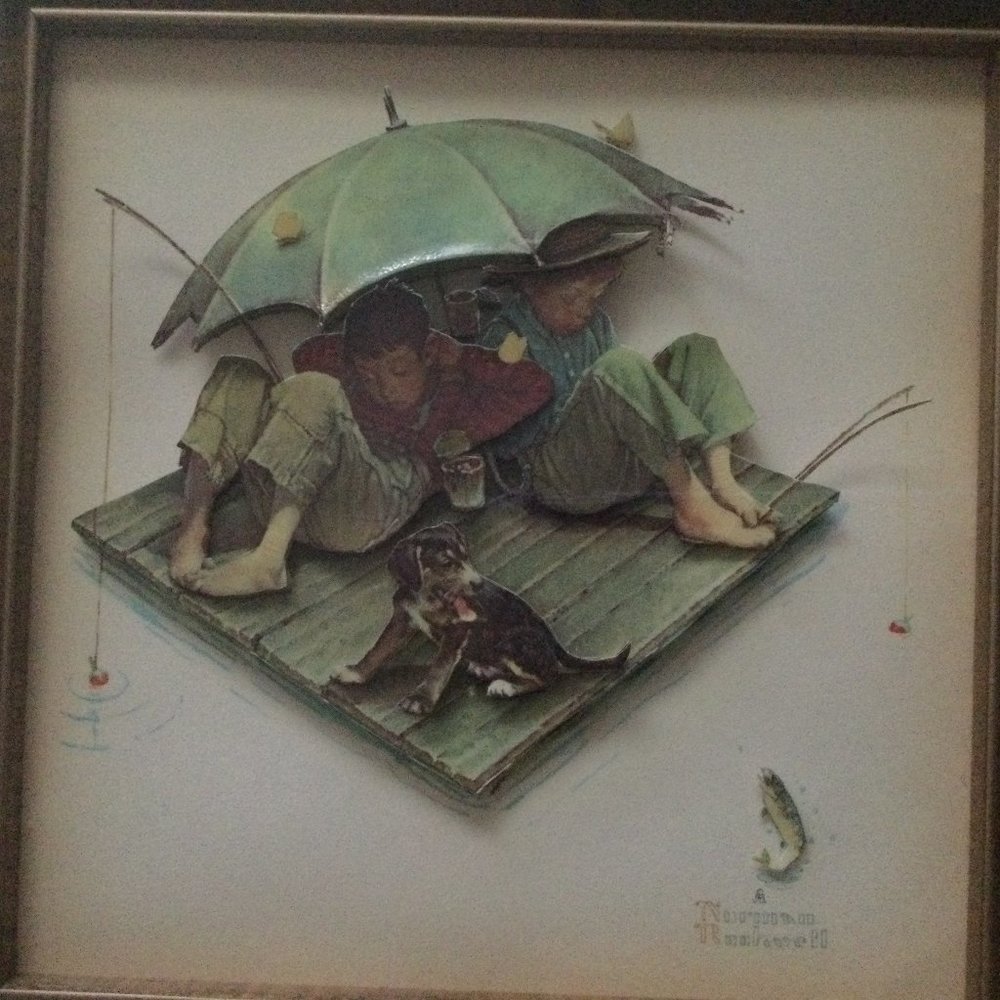 Vintage paper tole 3D paper cut shadow box Norman Rockwell kids fishing framed